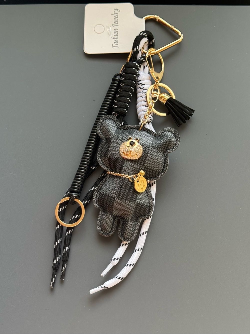 Black Checkered Bear Bag Charm Keychain Gold Accent White & Black Cord NWT